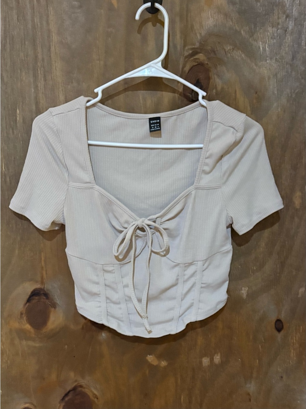 SHEIN Beige Ribbed Tie-Front Corset Crop Top